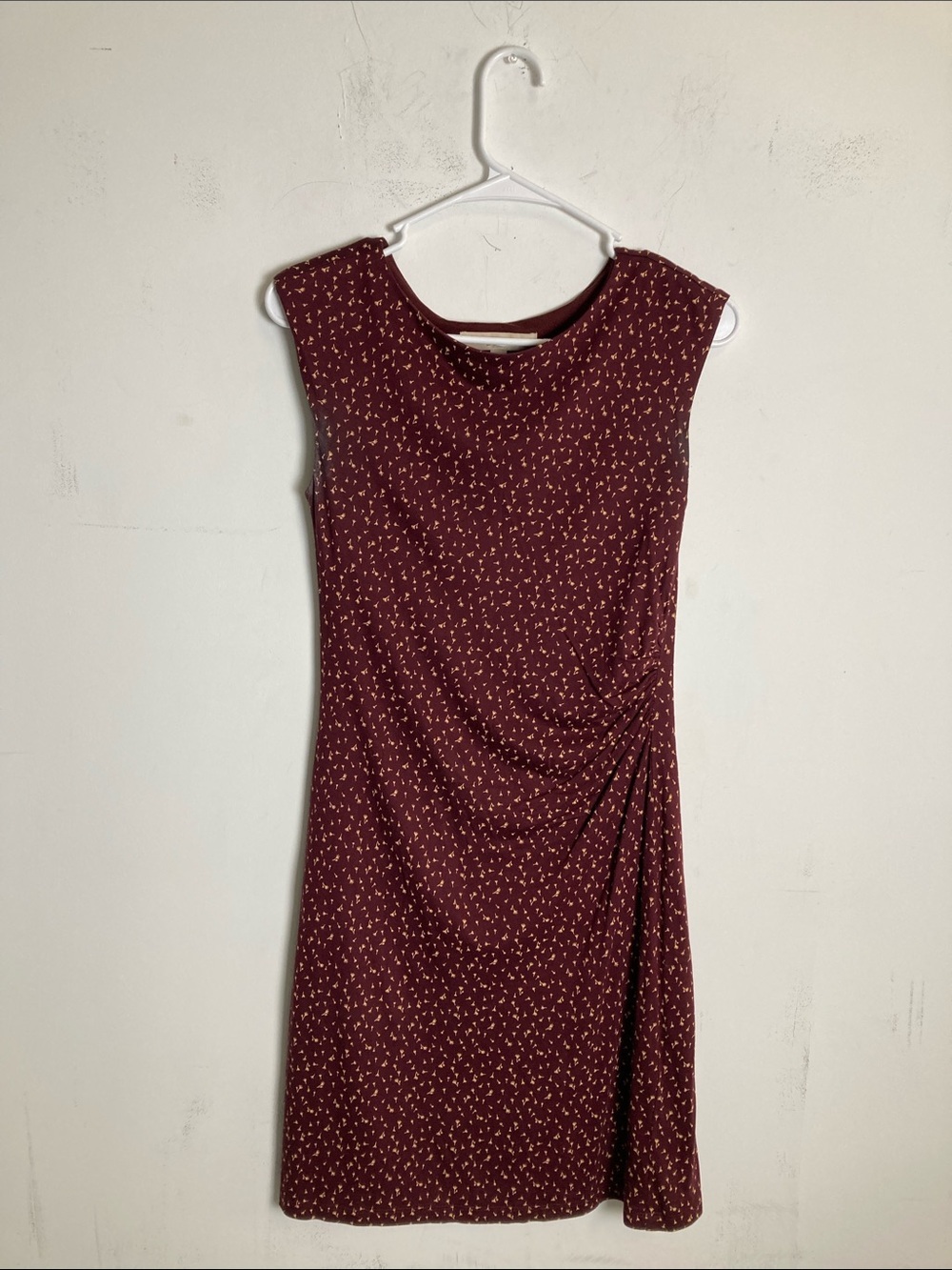 LOFT Sleeveless Wine Midi Dress with Side Twist and Micro Print